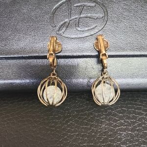 Vintage Dangle Crystal Like Ball in Cage Clip On Earrings